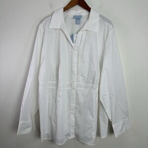 NWT Womens Top LIZ & ME White‎ Button-up shirt 2X Stretch Pintucked Pleated